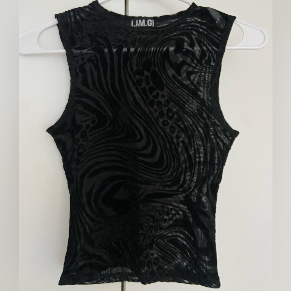 I.AM.GIA black sheer AMINA TOP burnout animal print tank top